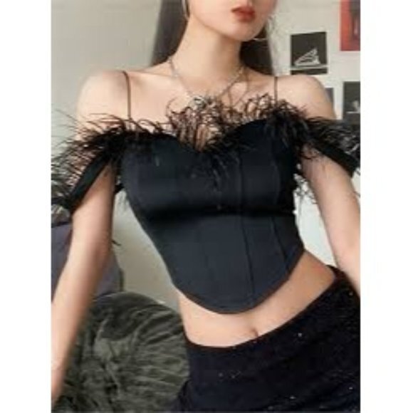 Micas Feathered Trim Off the Shoulders Satin Corset Style Crop Top RefHHH‎ - Picture 4 of 12